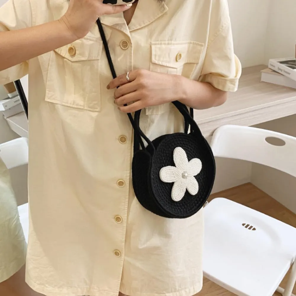 Tote Bag for Women Cotton Purses and Handbags Hand-Woven Top Handle Satchel Bag Flower Crossbody Shoulder Handbag Black