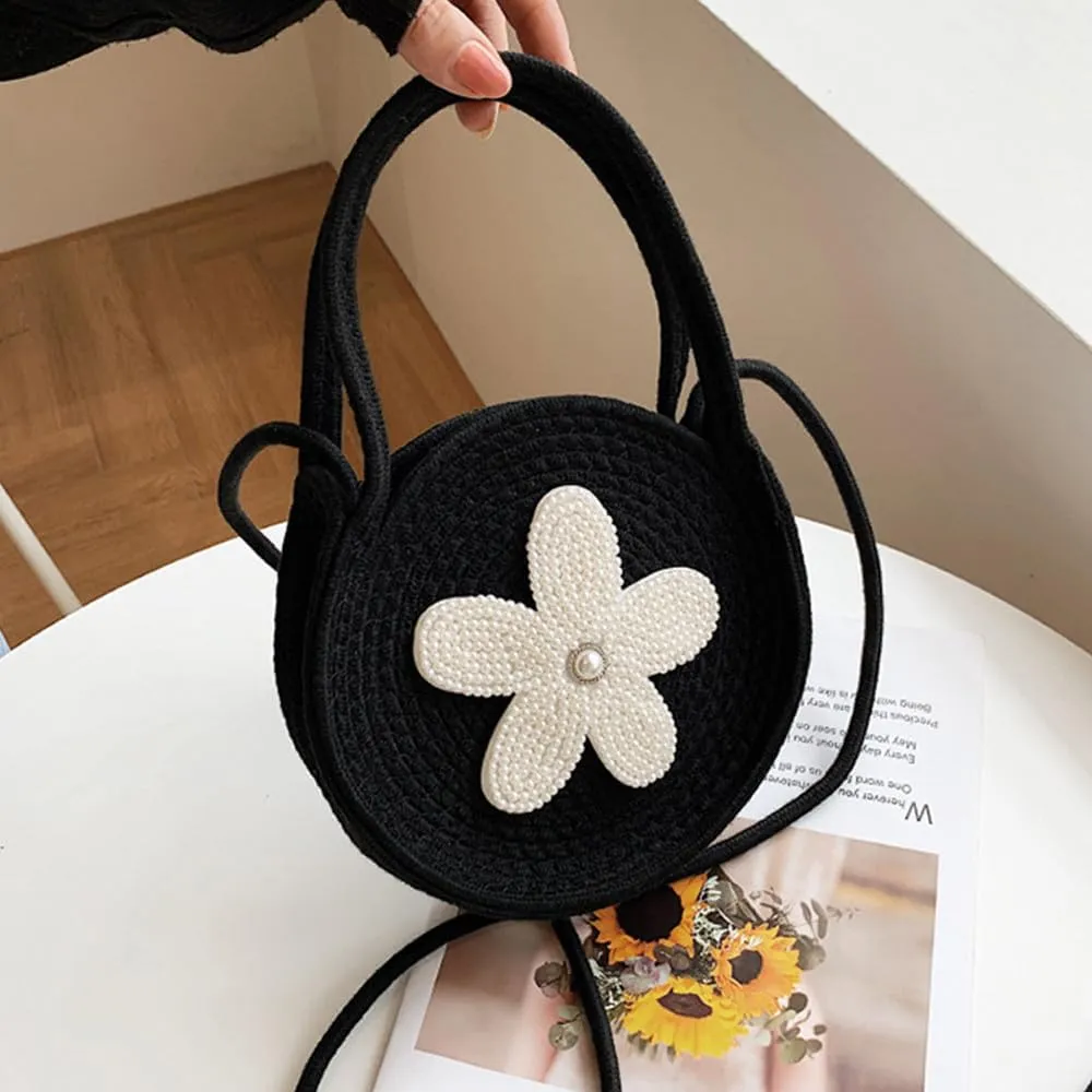 Tote Bag for Women Cotton Purses and Handbags Hand-Woven Top Handle Satchel Bag Flower Crossbody Shoulder Handbag Black