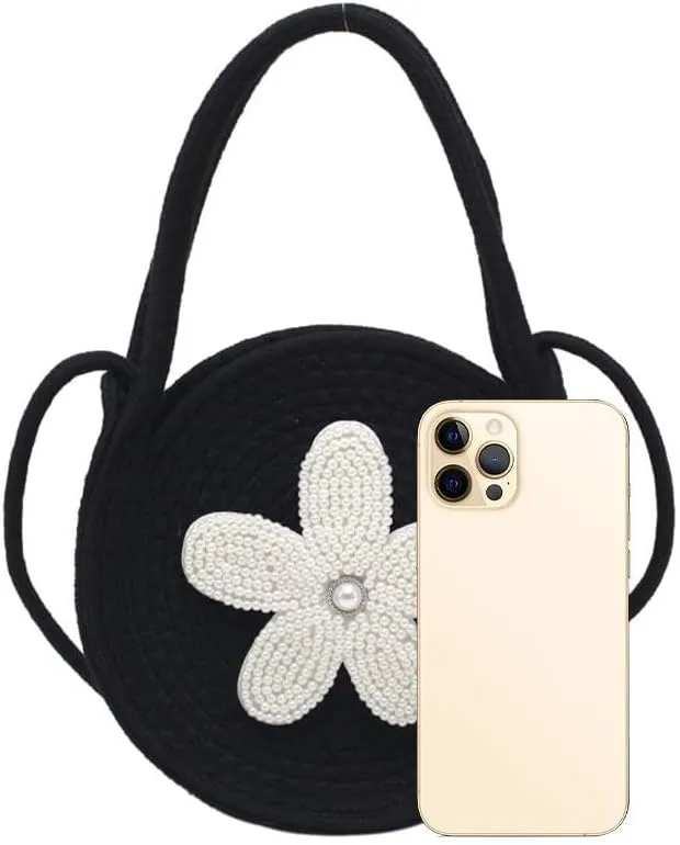 Tote Bag for Women Cotton Purses and Handbags Hand-Woven Top Handle Satchel Bag Flower Crossbody Shoulder Handbag Black