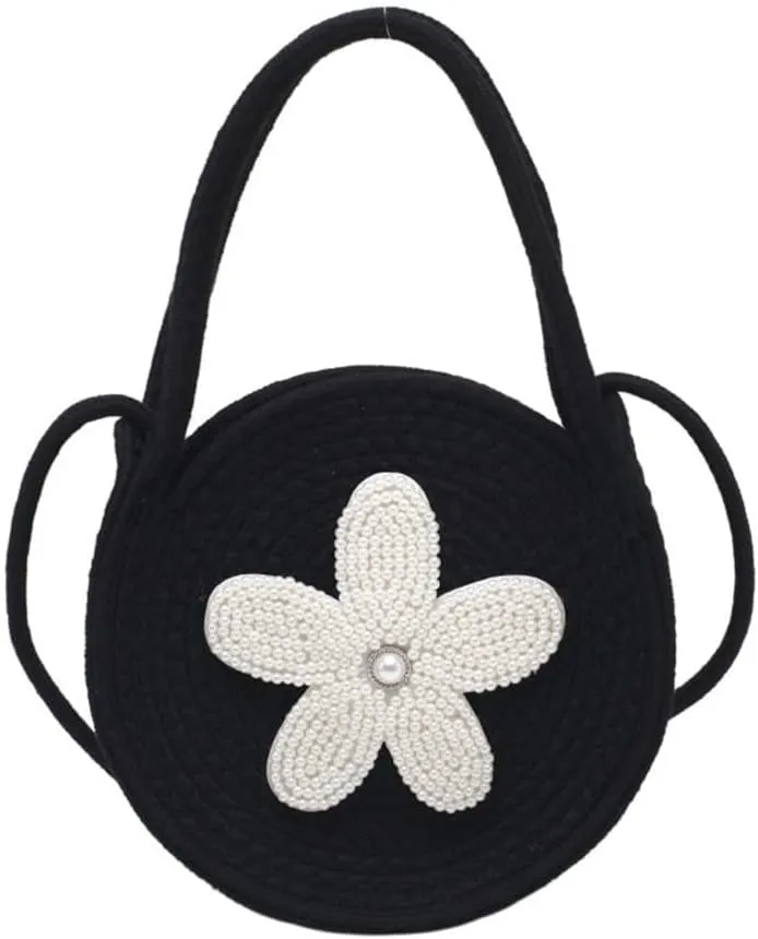 Tote Bag for Women Cotton Purses and Handbags Hand-Woven Top Handle Satchel Bag Flower Crossbody Shoulder Handbag Black