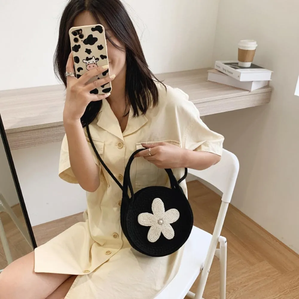 Tote Bag for Women Cotton Purses and Handbags Hand-Woven Top Handle Satchel Bag Flower Crossbody Shoulder Handbag Black