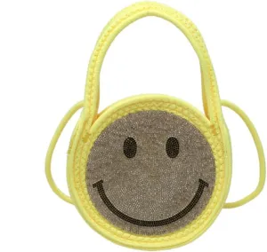 Tote Bag for Women Cotton Purses and Handbags Smile Top Handle Satchel Bag Hand-Woven Crossbody Shoulder Handbag Yellow