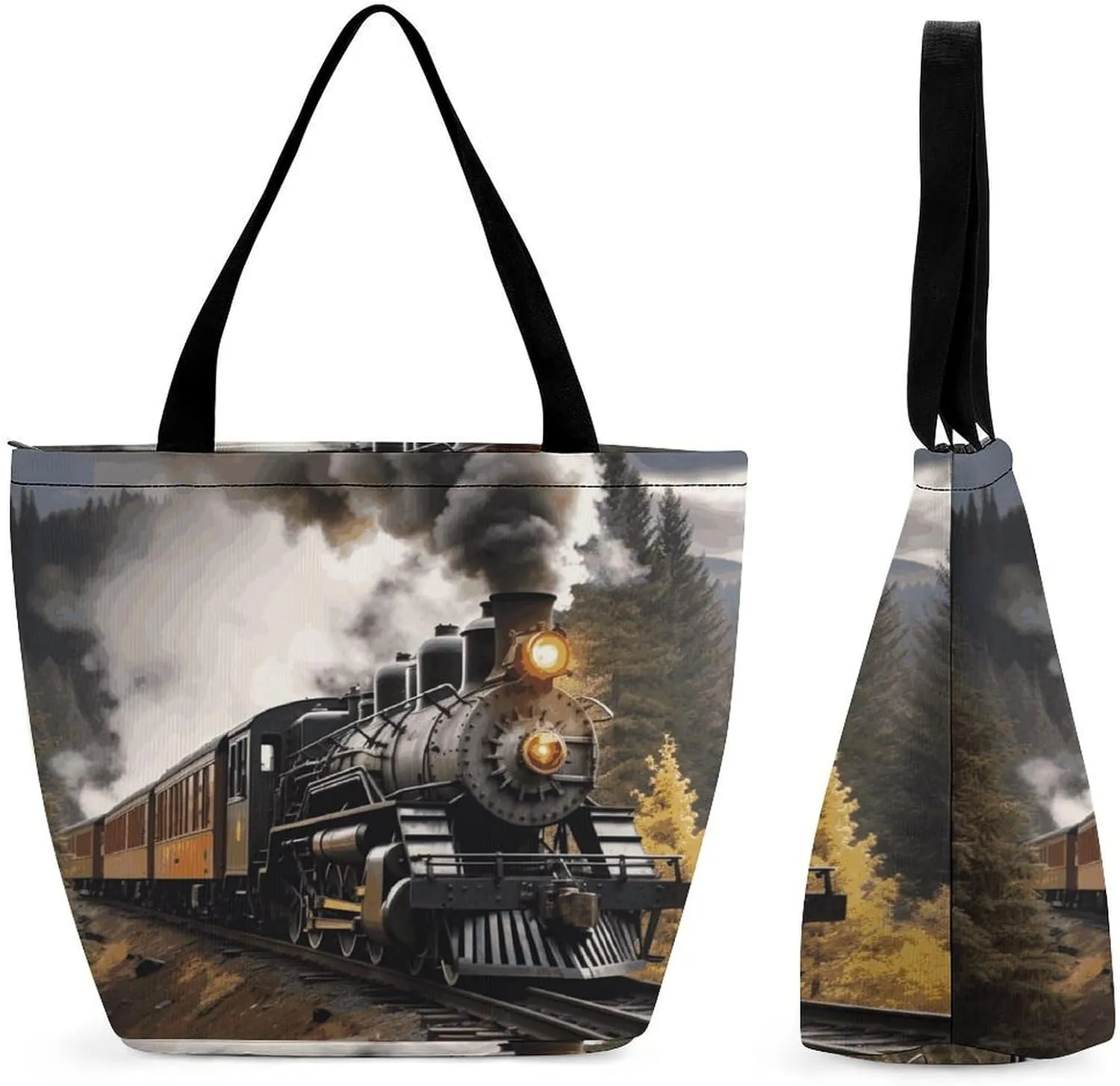 Tote Bag for Women Cute Handbags Steam Train Reusable Grocery Bag with Zipper Shopping Bag Beach Bag Travel Bag Gym Bag for Mom Teachers Friends Bridesmaids