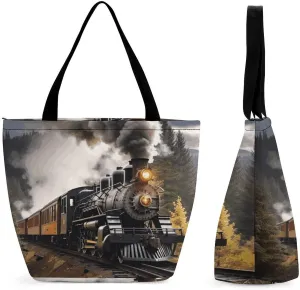 Tote Bag for Women Cute Handbags Steam Train Reusable Grocery Bag with Zipper Shopping Bag Beach Bag Travel Bag Gym Bag for Mom Teachers Friends Bridesmaids