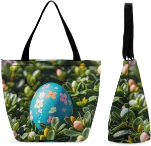Tote Bag for Women Reusable Grocery Bags Shopping Bags Easter Eggs in The Bushes Handbag Casual Shoulder Bag