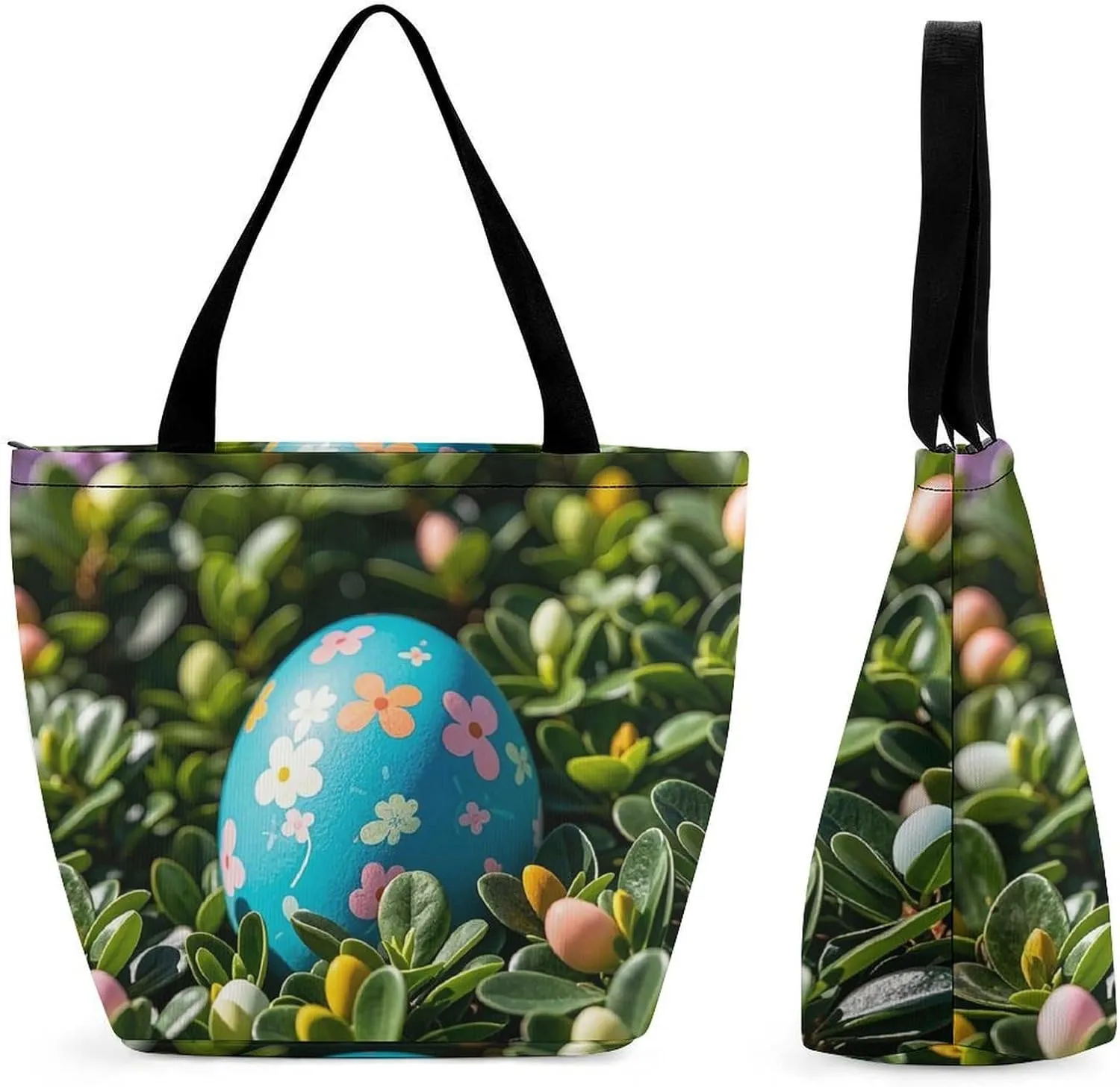 Tote Bag for Women Reusable Grocery Bags Shopping Bags Easter Eggs in The Bushes Handbag Casual Shoulder Bag
