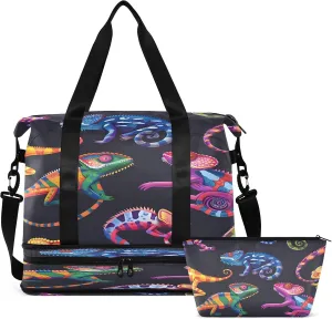 Travel Duffel Bag Colorful Cartoon Lizard Gym Duffel Bag for Men & Women with Shoe & Wet Compartment Shoulder Weekender Overnight Bag