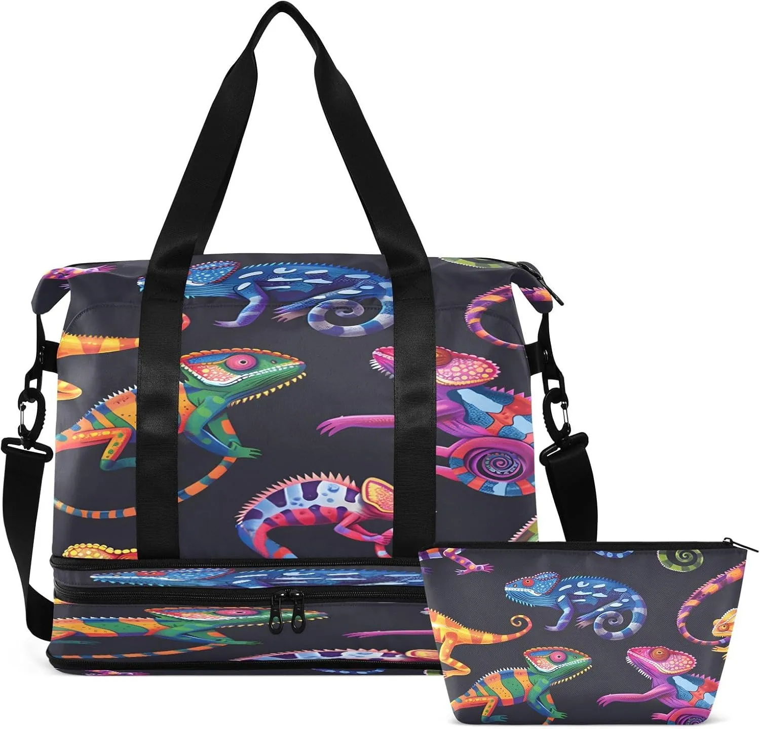 Travel Duffel Bag Colorful Cartoon Lizard Gym Duffel Bag for Men & Women with Shoe & Wet Compartment Shoulder Weekender Overnight Bag