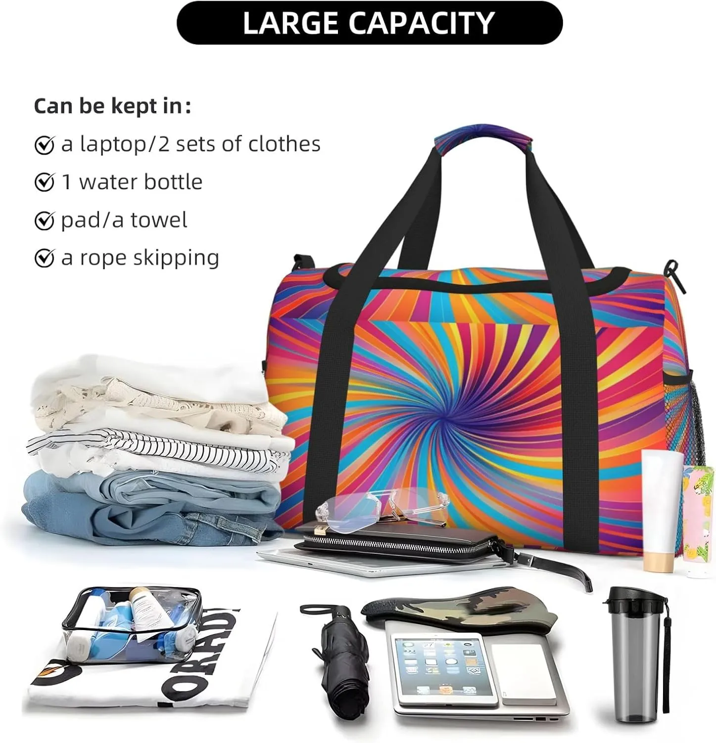 Travel Duffel Bag For Men Women, Colorful Trippy Burst Lines Psychedelic Stripe Carry On Sport Gym Bag With Shoulder Strap Lightweight Waterproof Weekender Bag Overnight Bag