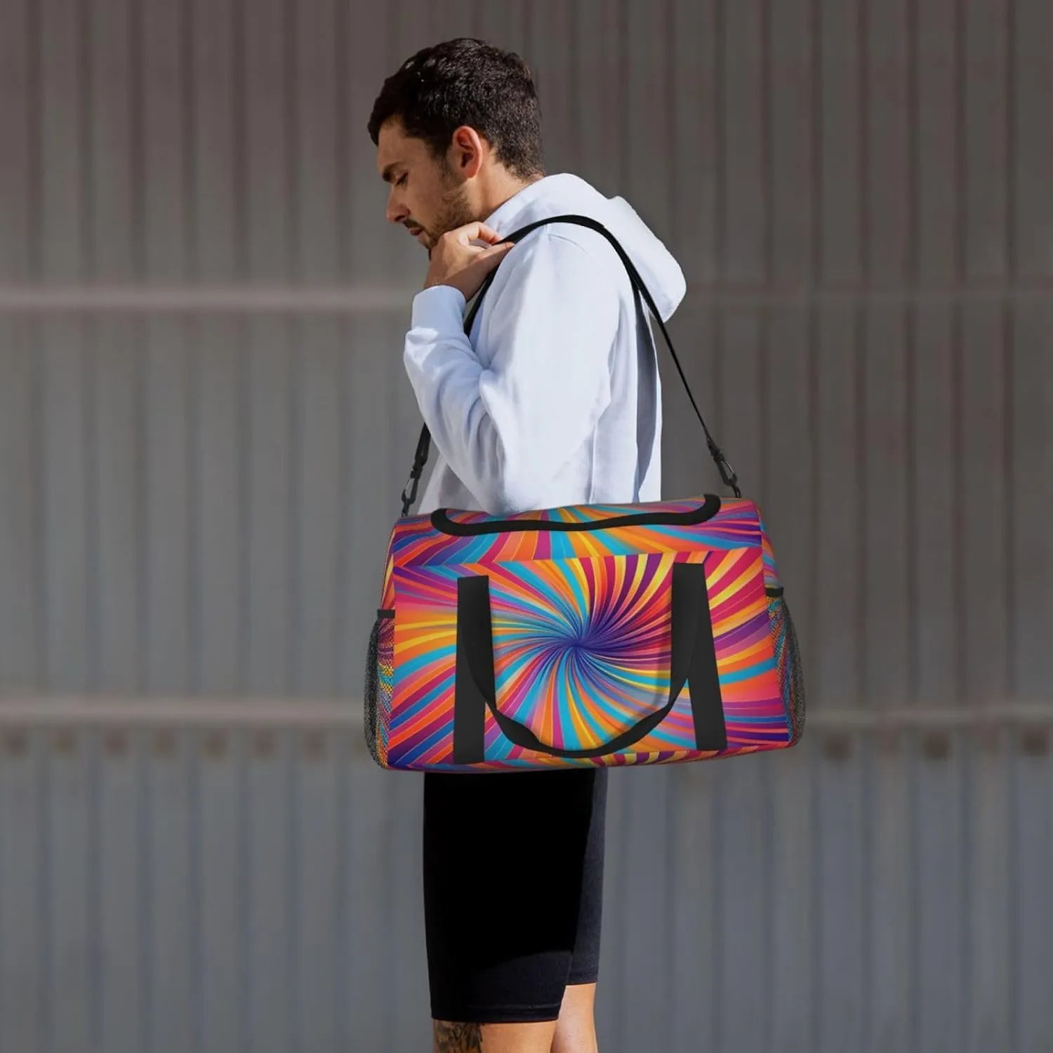 Travel Duffel Bag For Men Women, Colorful Trippy Burst Lines Psychedelic Stripe Carry On Sport Gym Bag With Shoulder Strap Lightweight Waterproof Weekender Bag Overnight Bag