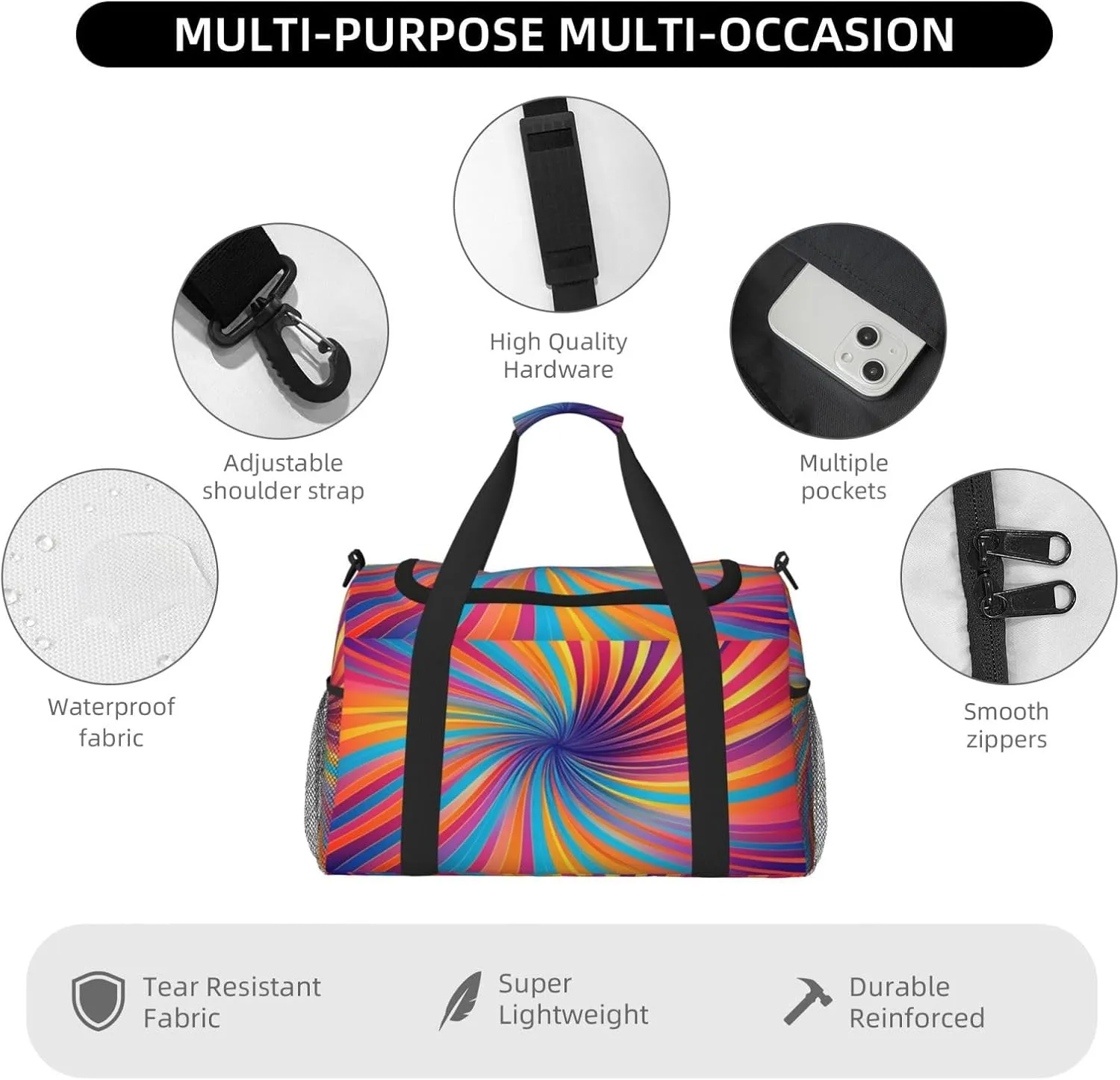 Travel Duffel Bag For Men Women, Colorful Trippy Burst Lines Psychedelic Stripe Carry On Sport Gym Bag With Shoulder Strap Lightweight Waterproof Weekender Bag Overnight Bag