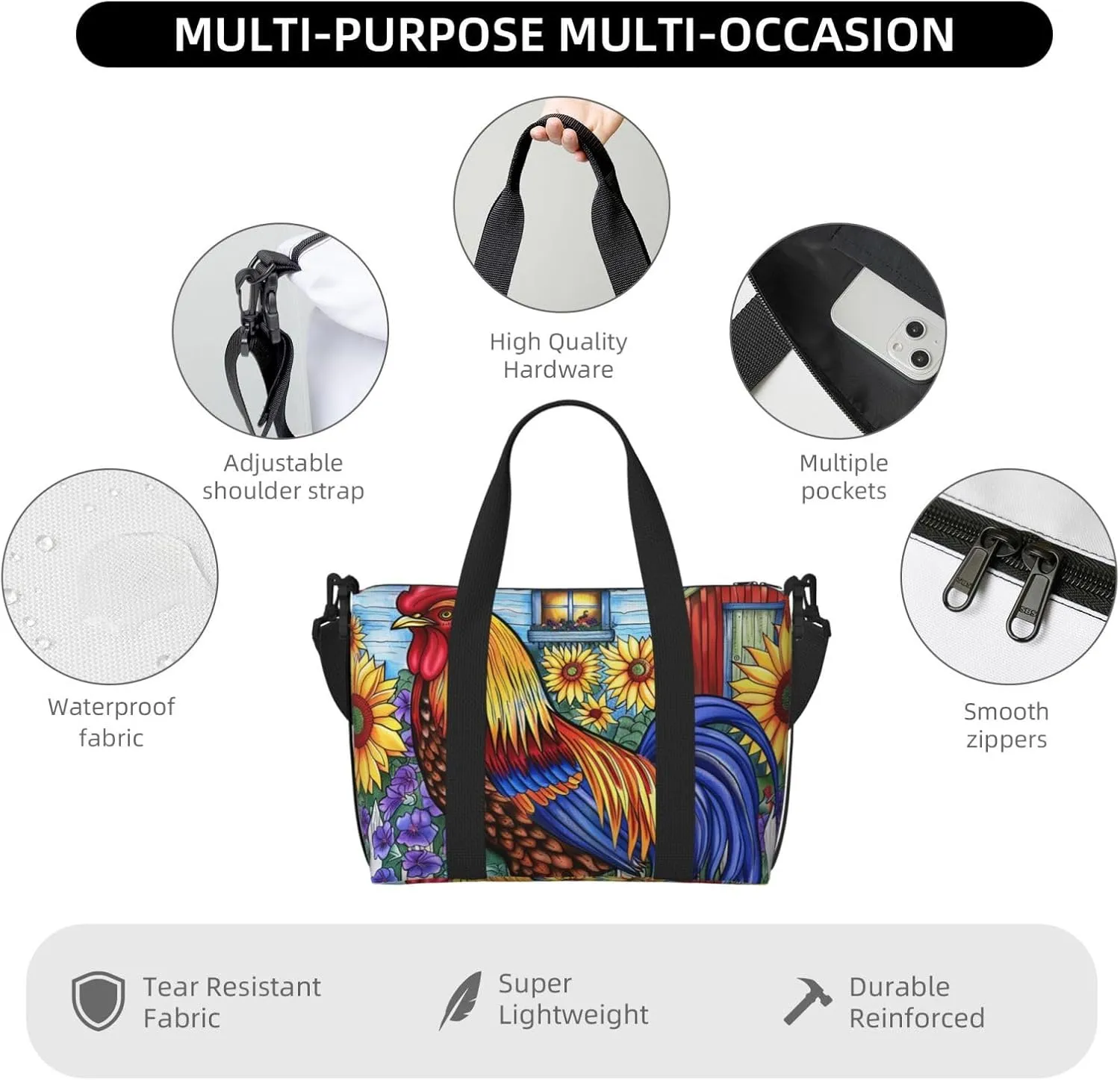 Travel Duffle Bag Colorful Rooster Weekender Overnight Bags Luggage Bag for Women Men Waterproof Sports Gym Bag Hand Bag with Shoulder Strap