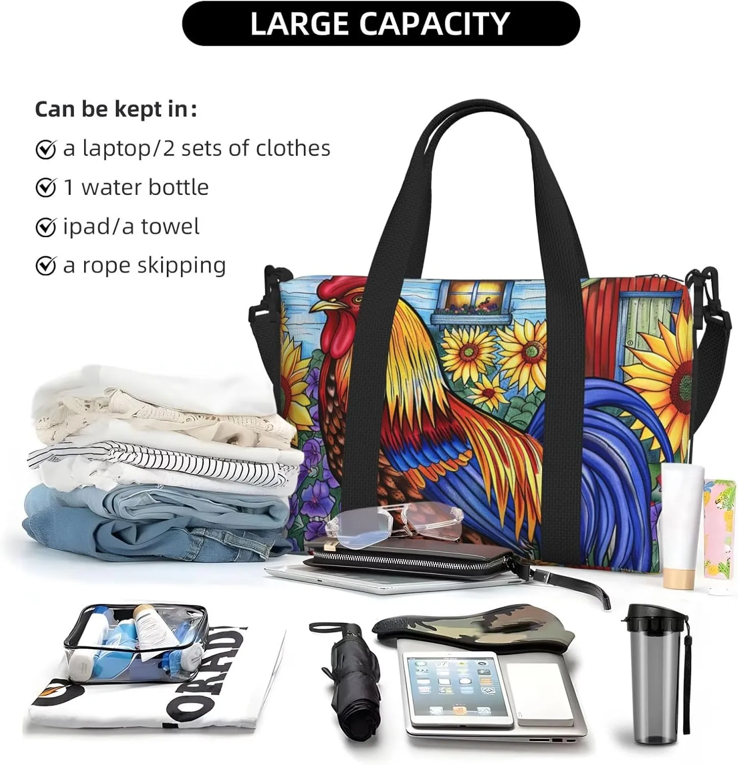 Travel Duffle Bag Colorful Rooster Weekender Overnight Bags Luggage Bag for Women Men Waterproof Sports Gym Bag Hand Bag with Shoulder Strap