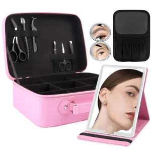 Travel Makeup Bag with Light-up Mirror Portable Cosmetic Organizer Train Case with Adjustable Dividers & Brushes Holder &1X/10X Magnifying Compact Mirror & Eyebrow Trimmer- Pink