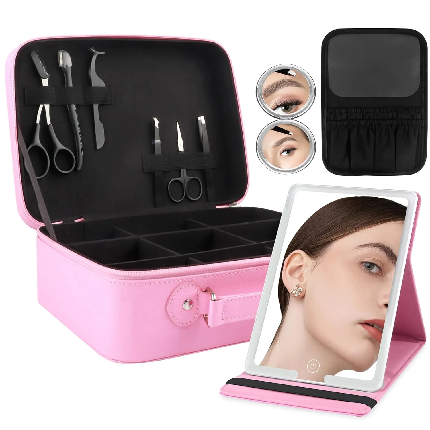 Travel Makeup Bag with Light-up Mirror Portable Cosmetic Organizer Train Case with Adjustable Dividers & Brushes Holder &1X/10X Magnifying Compact Mirror & Eyebrow Trimmer- Pink