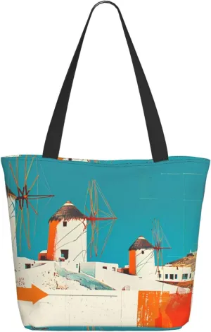 Travel Tote Bag for Women Work - Lightweight Colorful Greek Windmills Shoulder Bag Nurse Bag Beach Handbags for Women, Fashion Large Tote Purse for Women with Zipper
