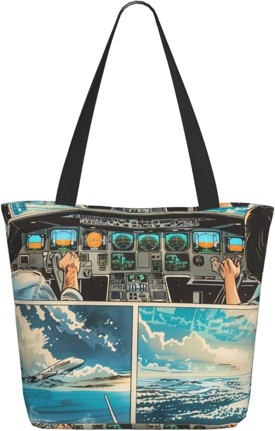 Travel Tote Bag for Women Work - Lightweight Comic Airplane Cockpit Illustration Shoulder Bag Nurse Bag Beach Handbags for Women, Fashion Large Tote Purse for Women with Zipper