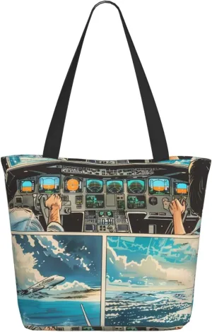 Travel Tote Bag for Women Work - Lightweight Comic Airplane Cockpit Illustration Shoulder Bag Nurse Bag Beach Handbags for Women, Fashion Large Tote Purse for Women with Zipper