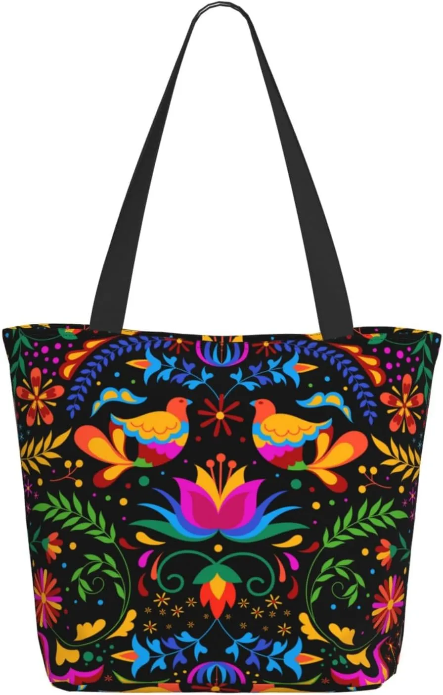 Travel Tote Bag for Women Work - Lightweight Mexican Flower Traditional1 Shoulder Bag Nurse Bag Beach Handbags for Women, Fashion Large Tote Purse for Women with Zipper