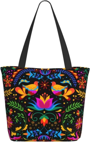 Travel Tote Bag for Women Work - Lightweight Mexican Flower Traditional1 Shoulder Bag Nurse Bag Beach Handbags for Women, Fashion Large Tote Purse for Women with Zipper