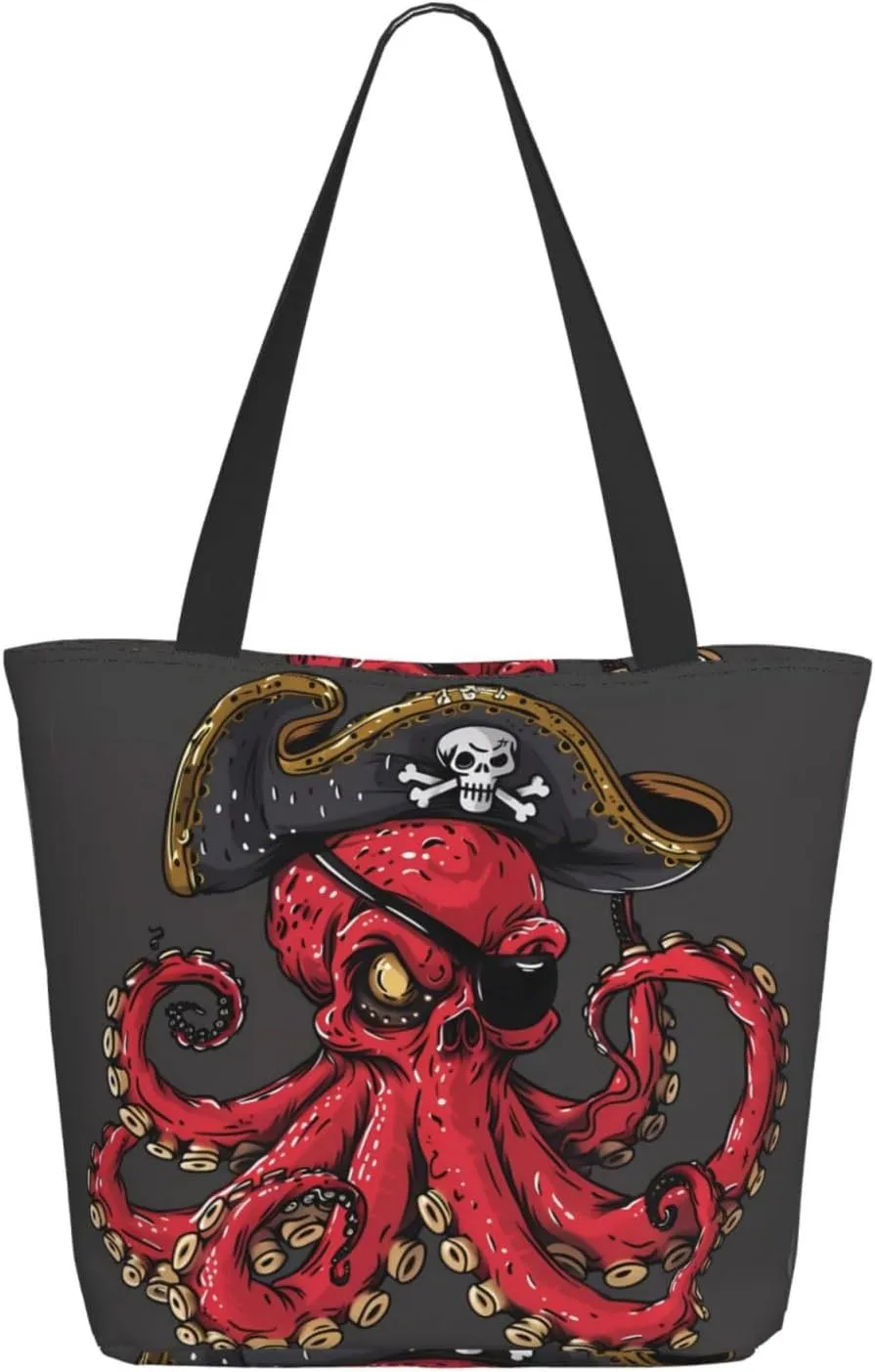 Travel Tote Bag for Women Work - Lightweight Octopus Pirate Illustration Shoulder Bag Nurse Bag Beach Handbags for Women, Fashion Large Tote Purse for Women with Zipper