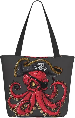 Travel Tote Bag for Women Work - Lightweight Octopus Pirate Illustration Shoulder Bag Nurse Bag Beach Handbags for Women, Fashion Large Tote Purse for Women with Zipper