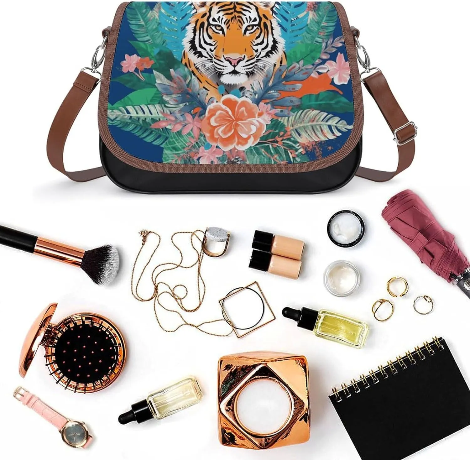 Tropical Tiger Print Crossbody Bags for Women,PU Leather Tote Bag for Women,Shoulder Bag Purse for Work Shopping Travel