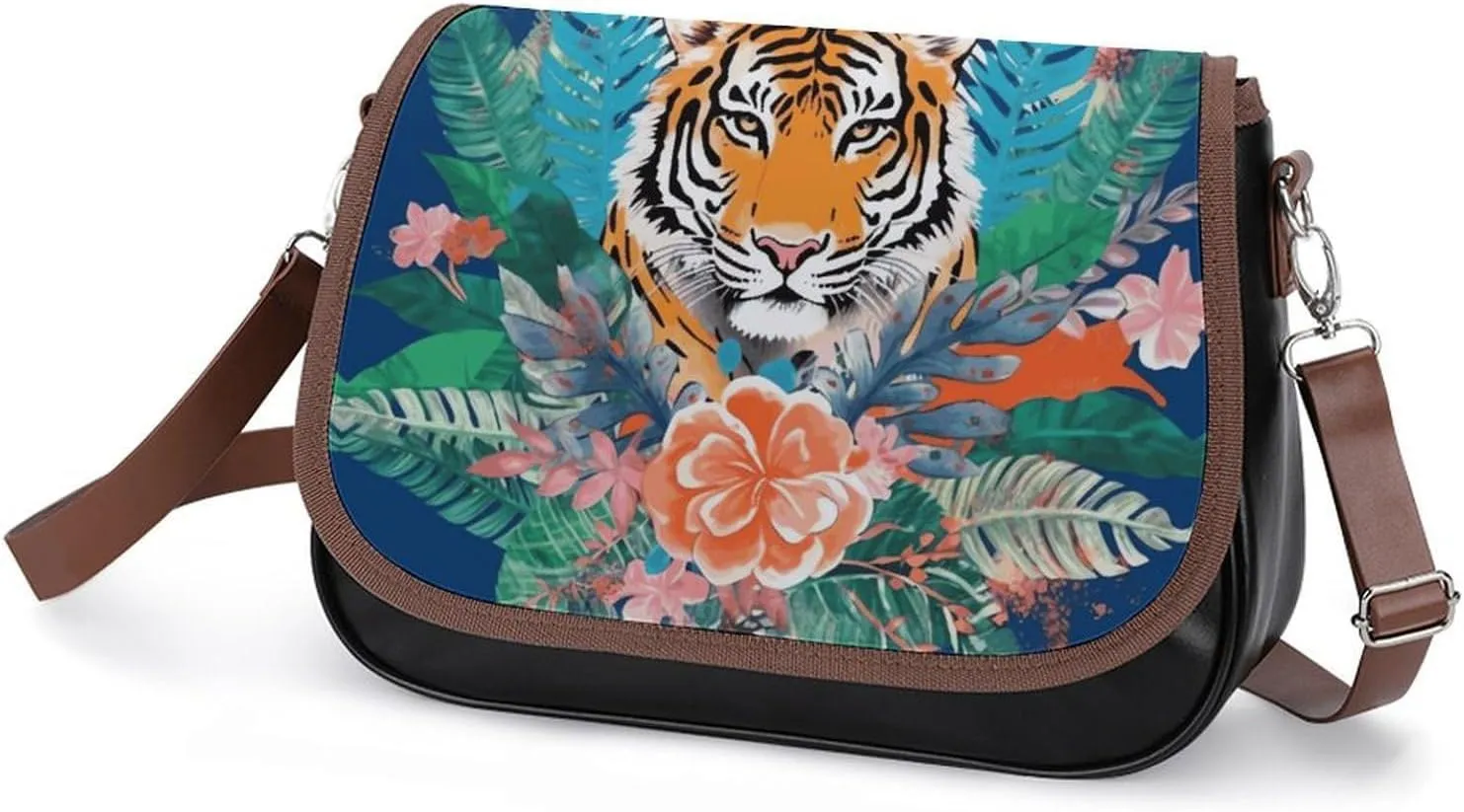 Tropical Tiger Print Crossbody Bags for Women,PU Leather Tote Bag for Women,Shoulder Bag Purse for Work Shopping Travel