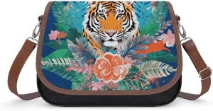 Tropical Tiger Print Crossbody Bags for Women,PU Leather Tote Bag for Women,Shoulder Bag Purse for Work Shopping Travel