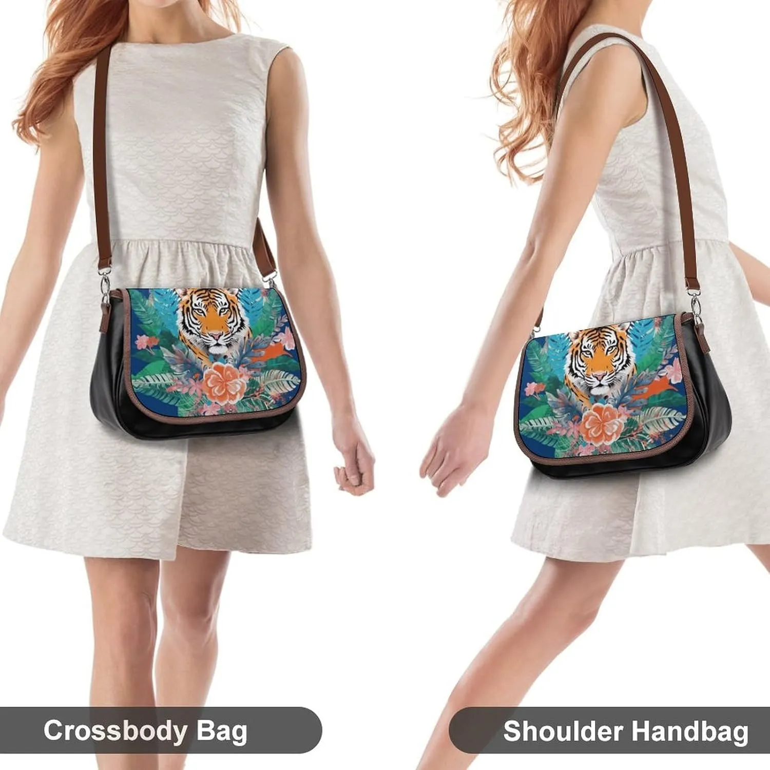 Tropical Tiger Print Crossbody Bags for Women,PU Leather Tote Bag for Women,Shoulder Bag Purse for Work Shopping Travel