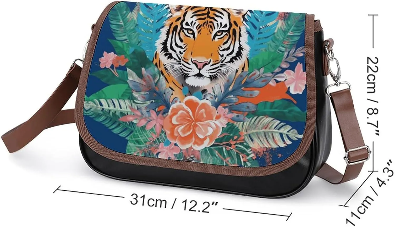 Tropical Tiger Print Crossbody Bags for Women,PU Leather Tote Bag for Women,Shoulder Bag Purse for Work Shopping Travel