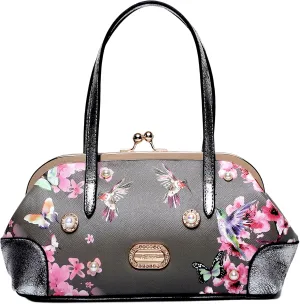 Twilight Garden Women's Designer Handbag with Floral Print, Kiss Lock & Chain Strap, Evening Bag with Crystal Embellishments