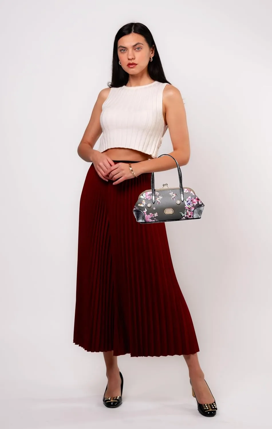 Twilight Garden Women's Designer Handbag with Floral Print, Kiss Lock & Chain Strap, Evening Bag with Crystal Embellishments
