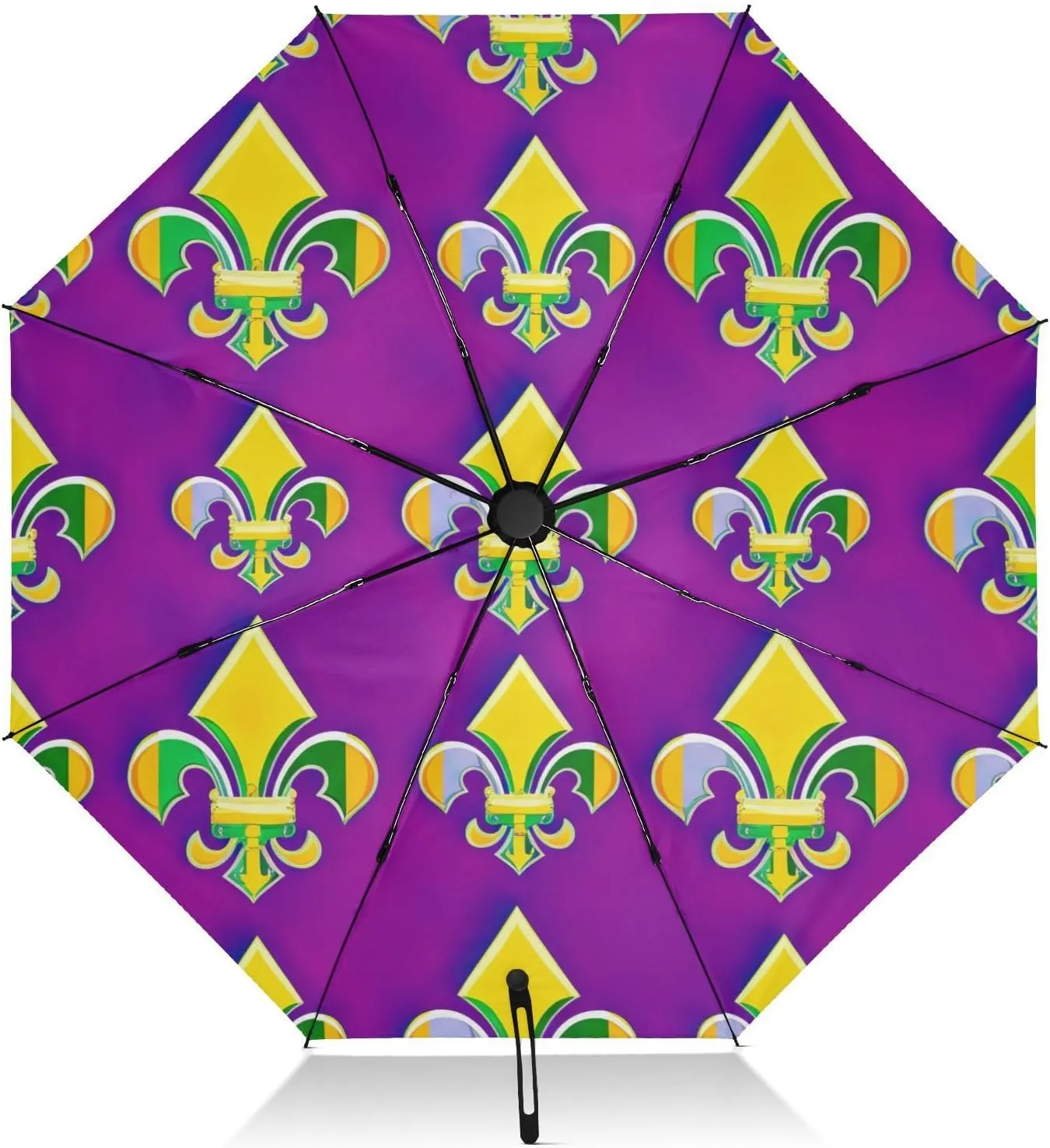 Umbrella, Auto Open Close Collapsible Umbrella Windproof, Compact Size for Backpacks/Handbags - for Travel, Mardi Gras Fleur De Lis Purple