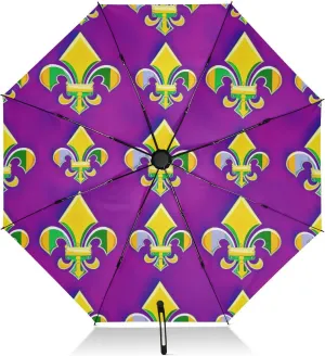 Umbrella, Auto Open Close Collapsible Umbrella Windproof, Compact Size for Backpacks/Handbags - for Travel, Mardi Gras Fleur De Lis Purple