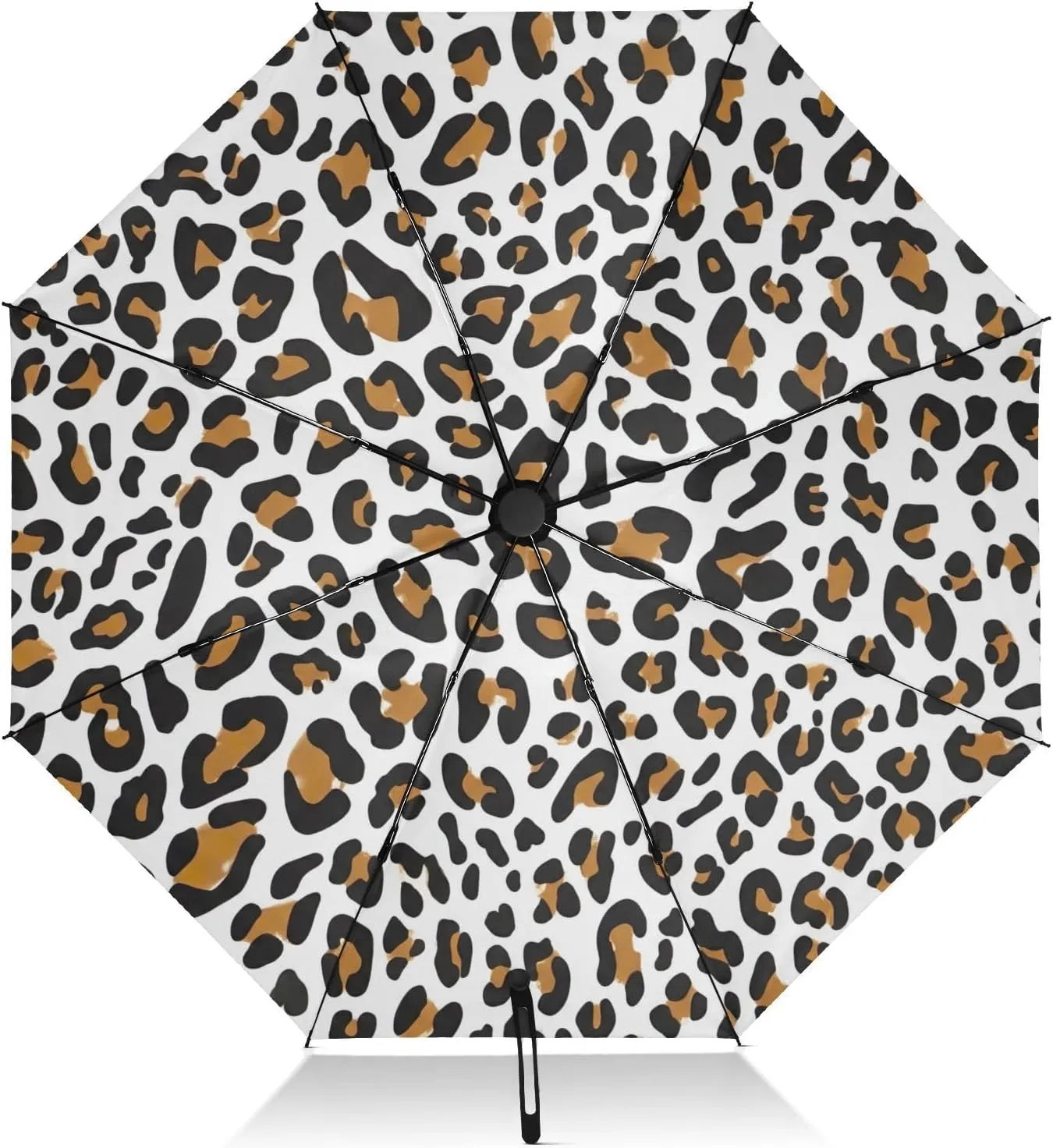 Umbrellas for Rain, Windproof Collapsible Umbrellas for Rain, Ideal for Car, Purse, Men and Women, Leopard Print Brown White