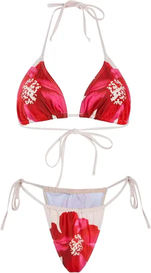 Verdusa Women's 2 Piece Floral Halter Triangle Bikini Sets Backless Self Tied Swimsuit Bathing Suits