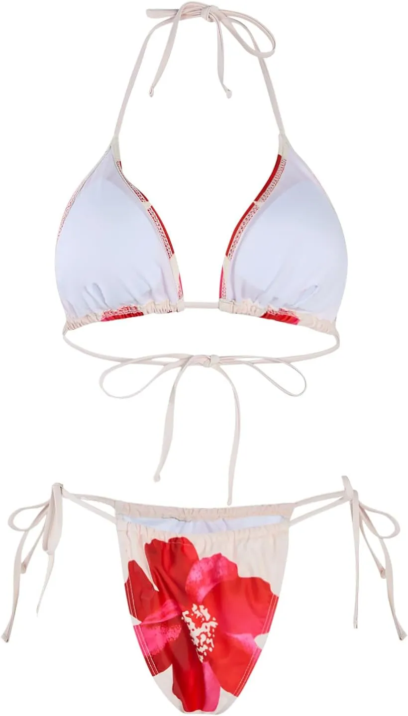 Verdusa Women's 2 Piece Floral Halter Triangle Bikini Sets Backless Self Tied Swimsuit Bathing Suits