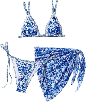 Verdusa Women's 3 Piece Floral Triangle Bikini Sets Ruffle Tie Back Swimsuit with Cover Up Skirt