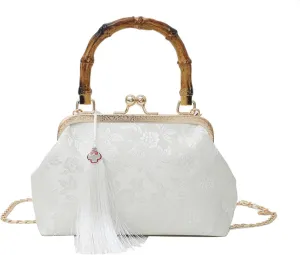 Vintage Embroidered Flower Handbag, Retro Pearl Chain, Flower Embroidery Rustic Shoulder Bag with Lock Closure Bag for Women