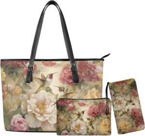 Vintage Flower Women Handbags and Wallet Combo,Hummingbird PU Leather Purse Clutch Tote Shoulder Bag Top Handle Satchel 3PCS Handbag Wallet Set with Cosmetic Bag for Women