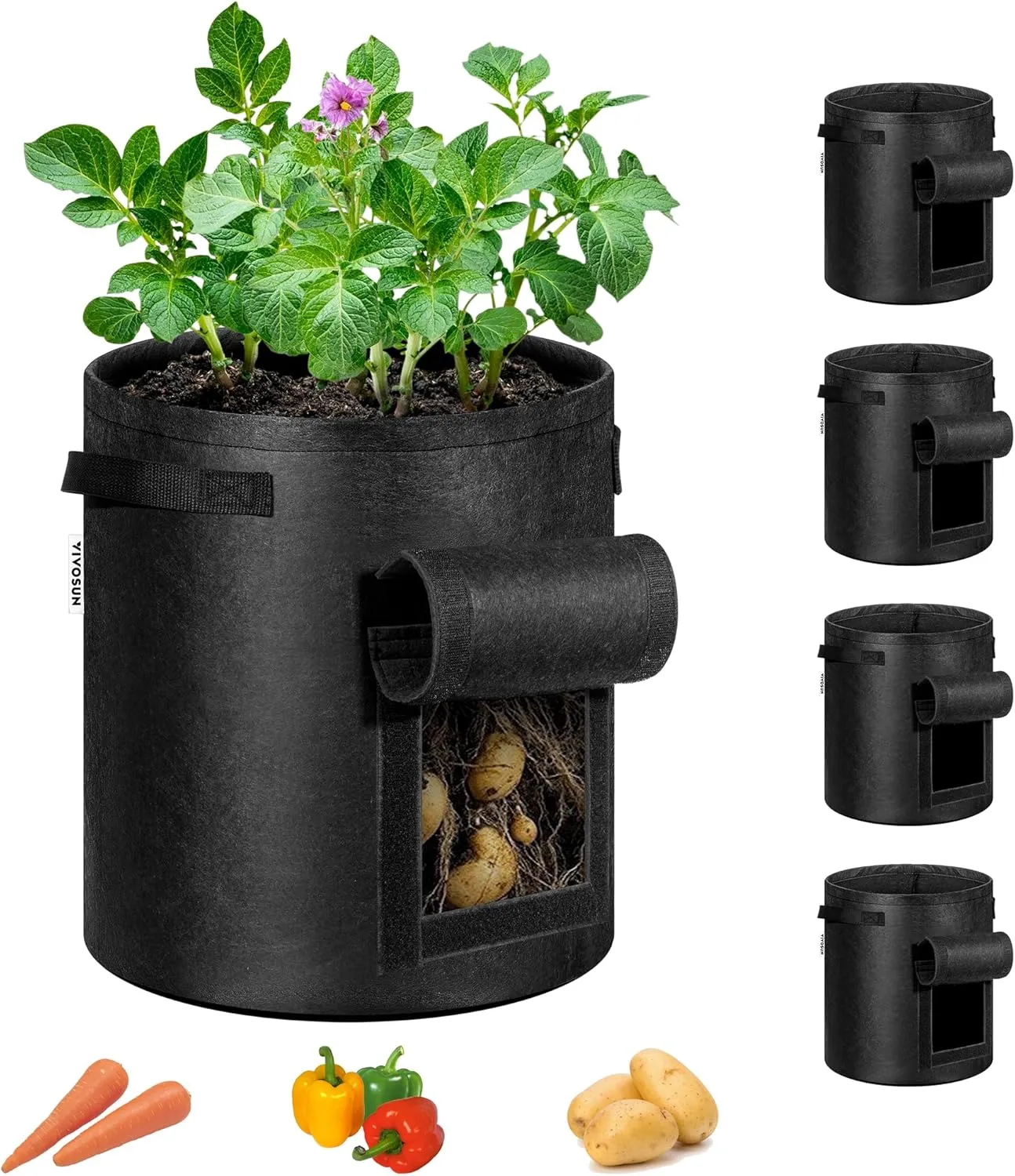 VIVOSUN 5-Pack 10 Gallon Potato Grow Bags for Growing Potatoes, Fabric Potato Pots with Handle and Roll-up Window, Potato Growing Containers Potato Planter Potato Planter for Growing Potatoes, Black