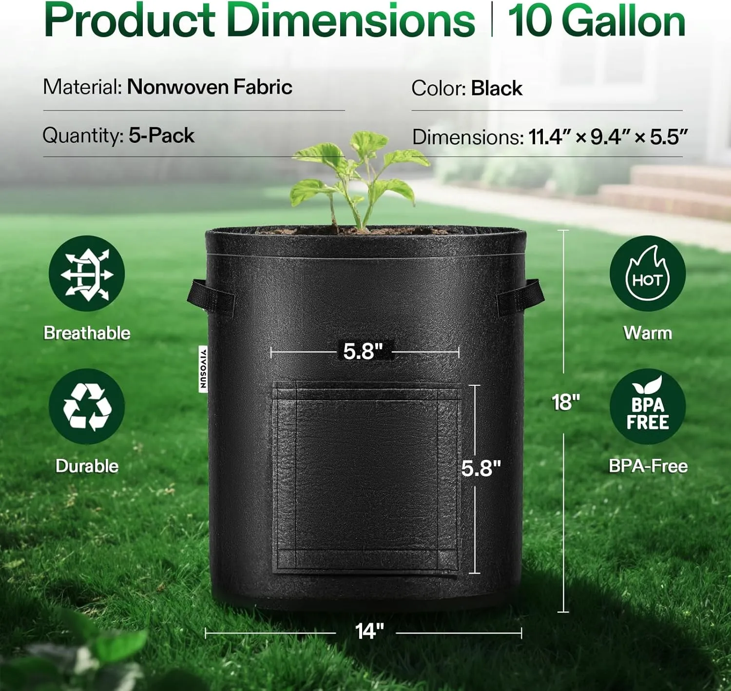 VIVOSUN 5-Pack 10 Gallon Potato Grow Bags for Growing Potatoes, Fabric Potato Pots with Handle and Roll-up Window, Potato Growing Containers Potato Planter Potato Planter for Growing Potatoes, Black