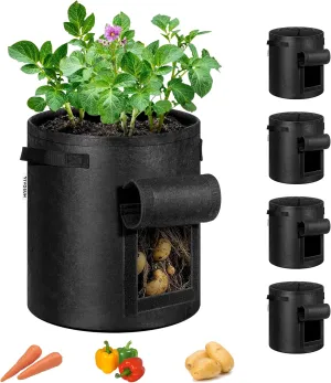 VIVOSUN 5-Pack 10 Gallon Potato Grow Bags for Growing Potatoes, Fabric Potato Pots with Handle and Roll-up Window, Potato Growing Containers Potato Planter Potato Planter for Growing Potatoes, Black