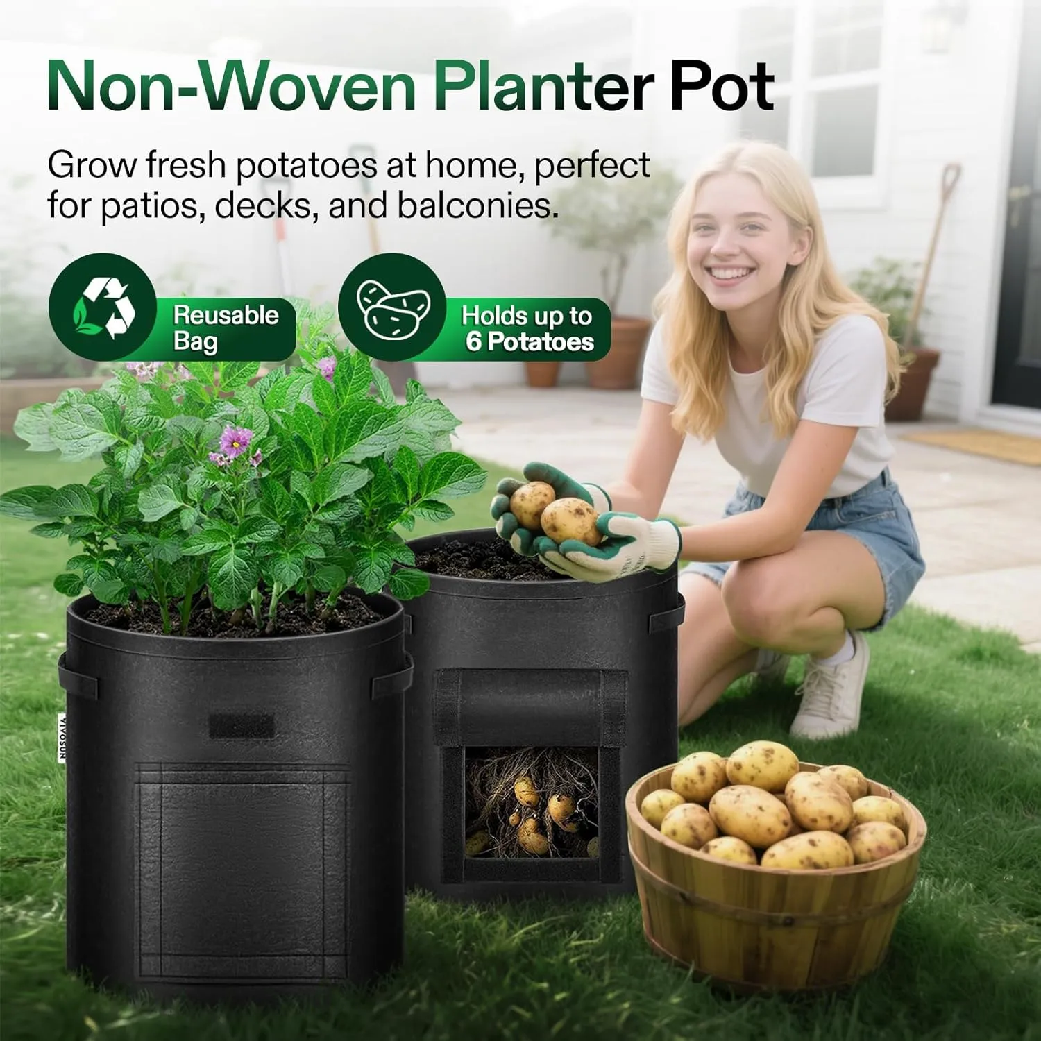 VIVOSUN 5-Pack 10 Gallon Potato Grow Bags for Growing Potatoes, Fabric Potato Pots with Handle and Roll-up Window, Potato Growing Containers Potato Planter Potato Planter for Growing Potatoes, Black