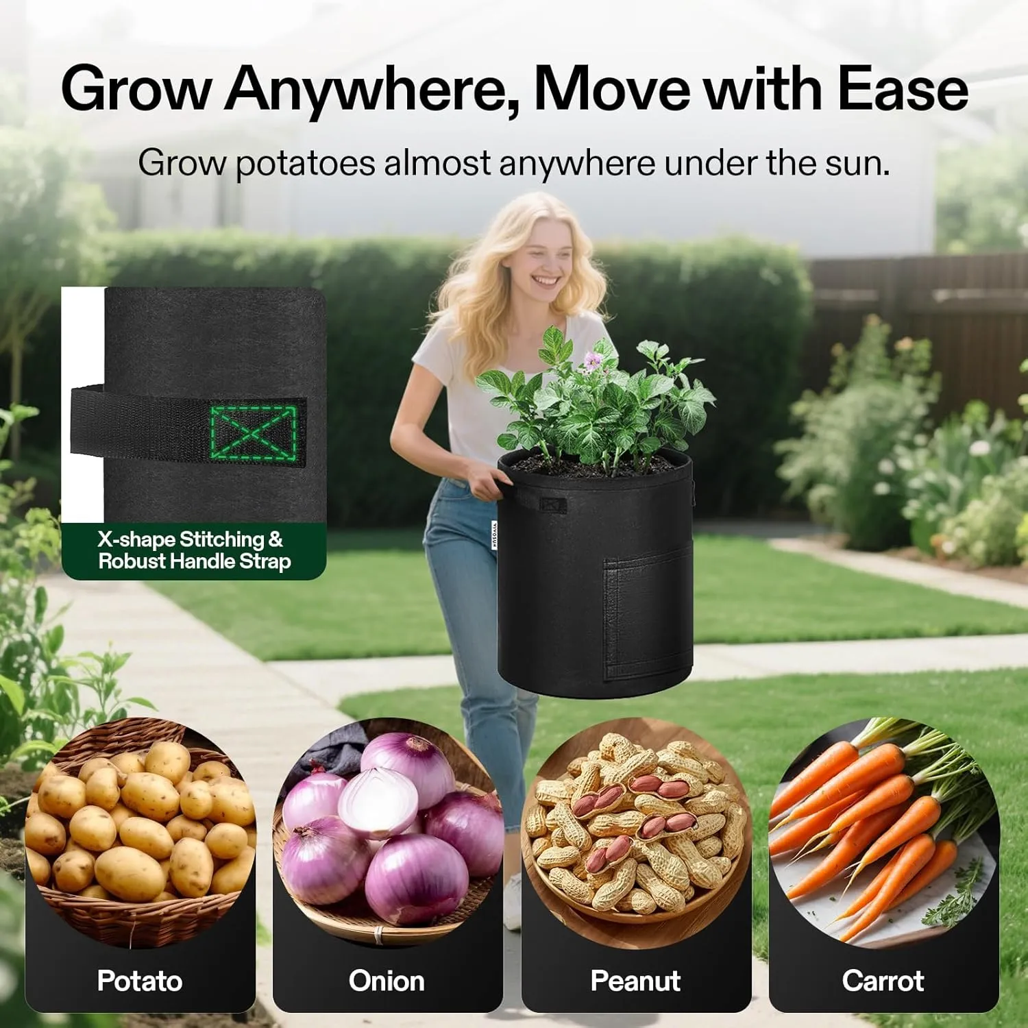 VIVOSUN 5-Pack 10 Gallon Potato Grow Bags for Growing Potatoes, Fabric Potato Pots with Handle and Roll-up Window, Potato Growing Containers Potato Planter Potato Planter for Growing Potatoes, Black