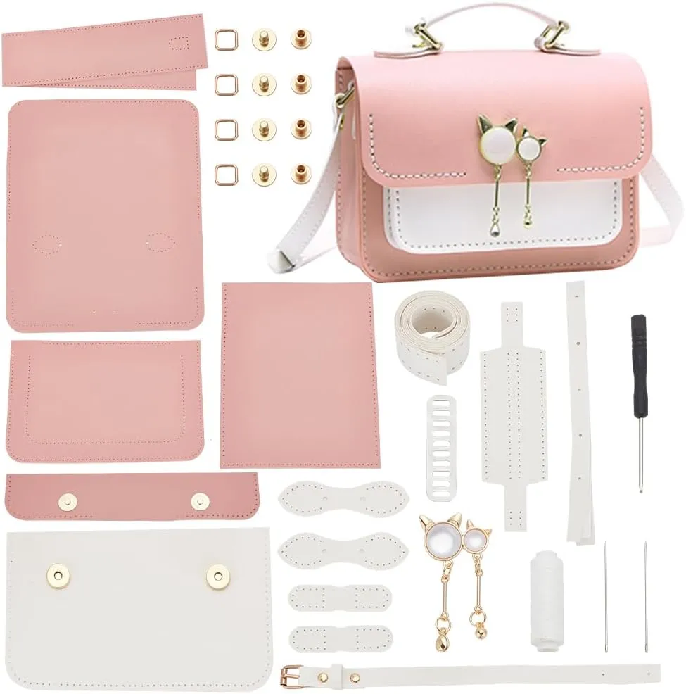 WADORN DIY PU Leather Shoulder Bag Making Kit, Handmade Sewing Crossbody Bag Making All Materials DIY Leather Craft Handbag Making Accessories DIY Handicraft Gift,9.84x2.7x7.28 Inch,Pink