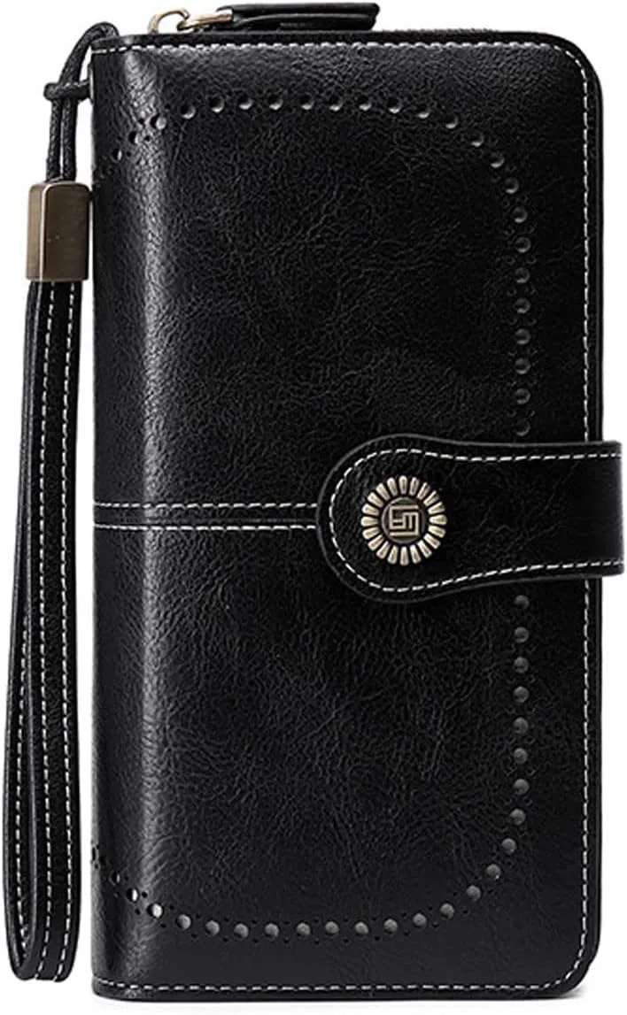 Wallets for Women PU Leather Credit Card Holder with RFID Blocking Large Capacity Wristlet Purse, Black, One Size