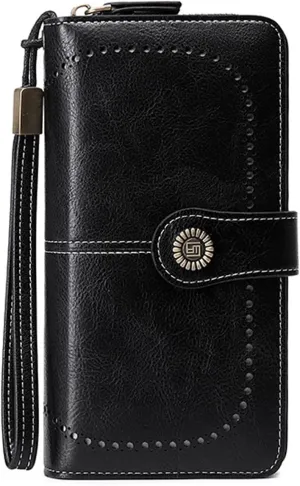 Wallets for Women PU Leather Credit Card Holder with RFID Blocking Large Capacity Wristlet Purse, Black, One Size