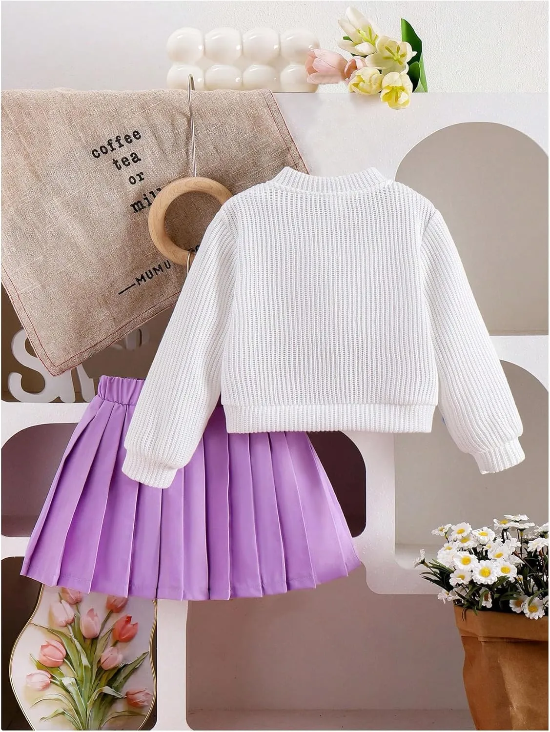 WDIRARA Toddler Girl's 2 Piece Outfits 3D Flower Button Down Cardigan and Pleated Aline Skirts Set